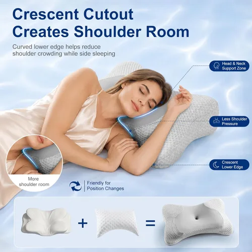 Vista 4 de Ergonomic Cervical Neck Pillow for Sleeping, 2 IN 1 Curved Side Pillow Contour Memory Foam Pillow for Neck Pain Relief, Cooling Orthopedic Pillow