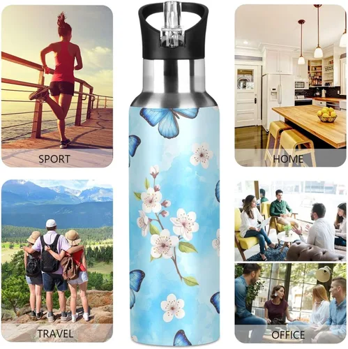 Vista 5 de Blue Butterflies Cherry Blossoms Insulated Water Bottle 32 Oz Leakproof Water Bottles, BPA-Free Sports Water Bottle