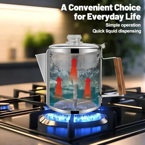Vista 8 de Percolador de 6 tazas de acero inoxidable 304, cafetera con mango de madera maciza, perilla transparente, estufa Greca Mocha para inducción, hogar