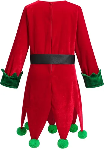 Vista 3 de IMEKIS Disfraz de elfo de Papá Noel para niñas, vestido de Halloween con sombrero de elfo, cosplay, Navidad, vacaciones, medias para niños, 3-13T