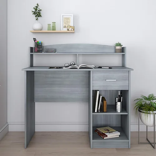 Vista 9 de Techni Mobili Escritorio moderno para oficina, color gris 41" modern desk with hutch, open shelves, compact workstation design, sturdy frame; grey