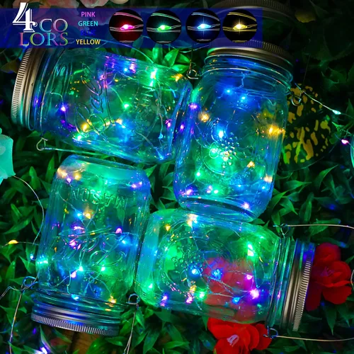 Vista 3 de SunKite Luces solares para tarros de masón [actualizadas], paquete de 8 20 luces LED impermeables para tarros de luciérnaga con ganchos