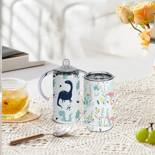 Vista 5 de AGH Paquete de 30 vasos de sublimación de 12 onzas con dos tapas, botella de agua de doble pared de acero inoxidable para niños con asa, vasos