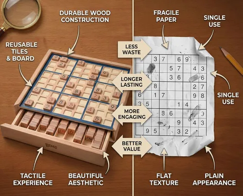 Vista 5 de BOHS Juego de Mesa de Sudoku de Madera con Cajón - con 100 Libros de Sudoku para Adultos - Juguetes de Mesa para el Cerebro