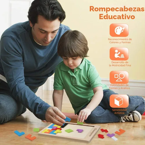 Vista 2 de Coogam Rompecabezas de Bloques de Madera Juguete de Acertijos Cerebrales Tangram Rompecabezas de Inteligencia Colorido Juego de Bloques Rusos 3D