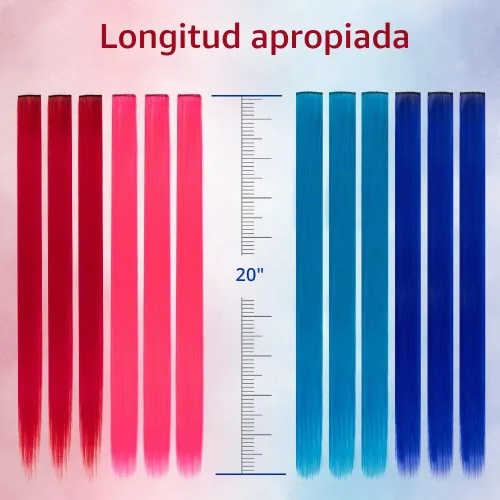 Vista 2 de 20 extensiones de cabello con clip de colores para niñas, extensiones de cabello arcoíris multicolor de 20 pulgadas, reflejos instantáneos, piezas A