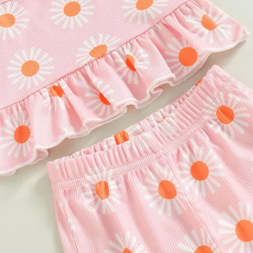 Vista 4 de Conjunto de 2 piezas de ropa para bebé niña, floral, sin mangas, pantalones acampanados, conjunto de 2 piezas de verano