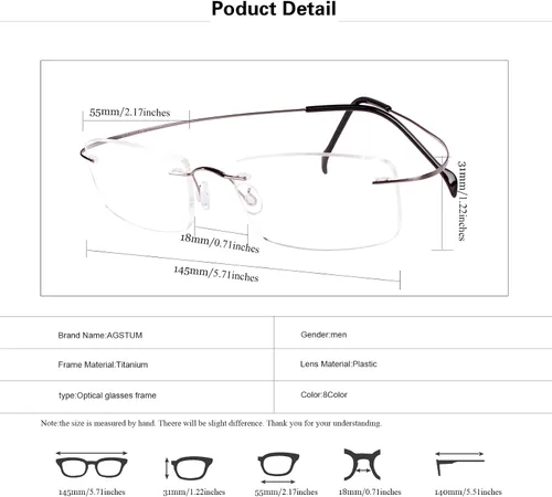 Vista 6 de Agstum Marco flexible sin marco de titanio sin bisagras, lentes ópticos transparentes