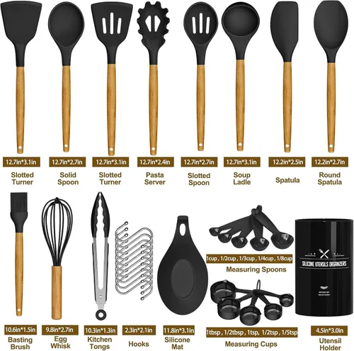 Vista 4 de Umite Chef Juego de utensilios de cocina, 33 piezas de espátulas de cocina de silicona antiadherentes con soporte, mango de madera juego de Negro