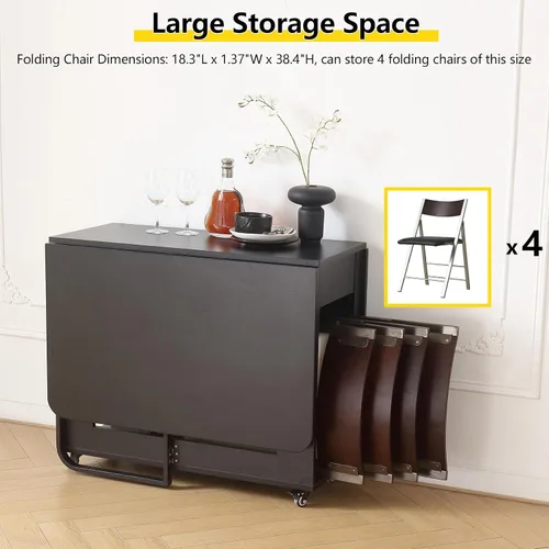 Vista 6 de Mesa de Comedor Plegable con Dos Cajones para 4/6 con Mesa de Hoja Abatible que Ahorra Espacio, Ruedas Bloqueables y Almacenamiento, Superficie