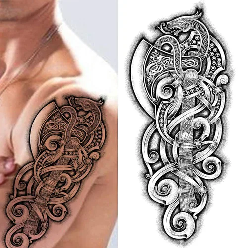 Vista 6 de 2 tatuajes temporales con hacha vikinga, dragón, nórdico, palo negro, tribal, bárbaro, celta, guerrero, en el cuerpo, pegatina de transferencia