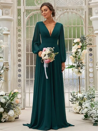 Vista 3 de PINMJEE Vestidos de dama de honor de gasa con cuello en V y manga larga para mujer