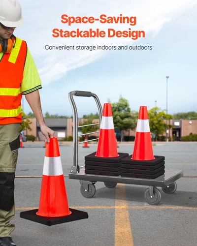 Vista 6 de VEVOR Conos de seguridad, paquete de 5 conos de tráfico de 18 pulgadas, conos de construcción naranja de PVC con collares reflectantes y base negra