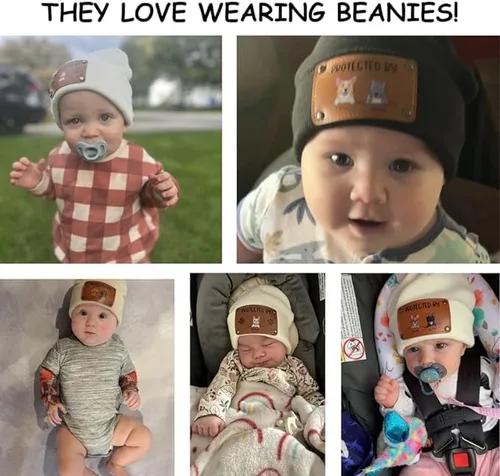 Vista 5 de Gossby Gorro de bebé personalizado con parche de cuero vegano para niño y niña, protegido por - Regalo personalizado para recién nacido, niño