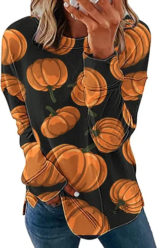 Vista 2 de Camisetas de Halloween para mujer, con estampado novedoso, de manga larga, casual, cuello redondo, ropa de otoño