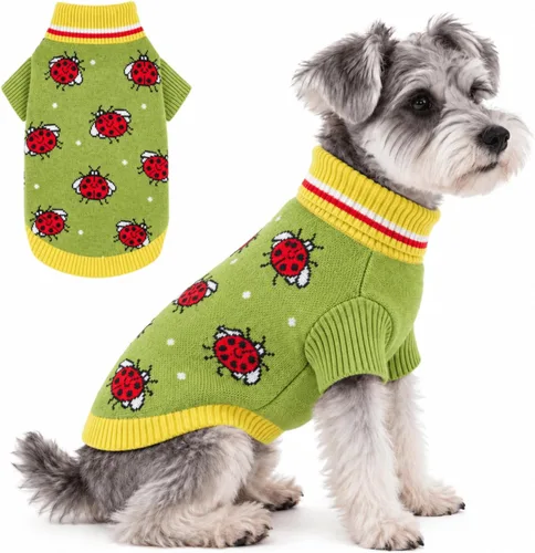 Vista 10 de PUMYPOREITY Suéter de vacaciones para perro, acogedor suéter de invierno, ajuste elástico, cuello alto, tema de Navidad para perros pequeños y Verde