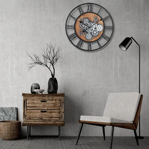 Vista 4 de Lafocuse Reloj de pared de engranaje móvil real de 23 pulgadas, reloj de pared grande de madera Steampunk para decoración de sala de estar