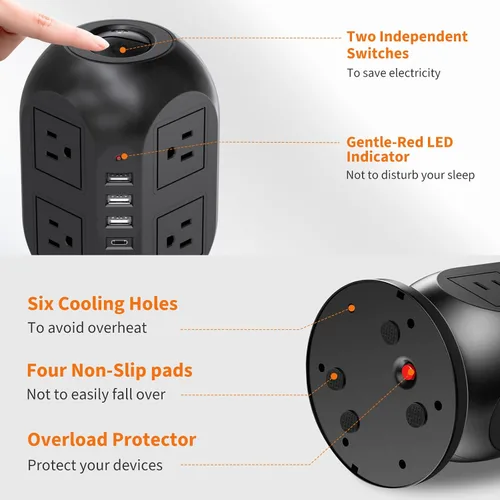 Vista 6 de Regleta protectora de sobretensiones con 8 salidas de CA, 4 puertos USB (1 USB C), cable de extensión plano de 10 pies con múltiples tomas, estación