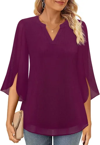 Vista 2 de Timeson Blusa de gasa de manga 34 para mujer, cuello en V, túnica elegante