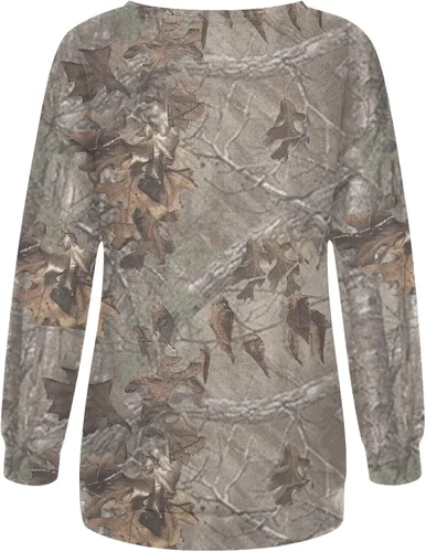 Vista 4 de Dlongni Sudadera de camuflaje para mujer, con estampado de hojas de arce, cuello redondo, manga larga, forro polar, suéter de gran