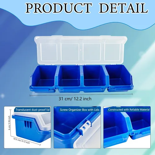Vista 2 de Caja organizadora de tornillos de 8 piezas, caja de piezas de tornillo con 4 compartimentos, tapa translúcida, contenedores de herramientas