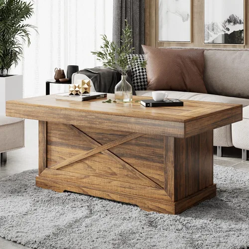 Vista 8 de Mesa de café Lareth 39 pulg. Mesa de centro rústica con pedestal de madera en X para sala de estar, ahorro de espacio, mesa de té de diseño