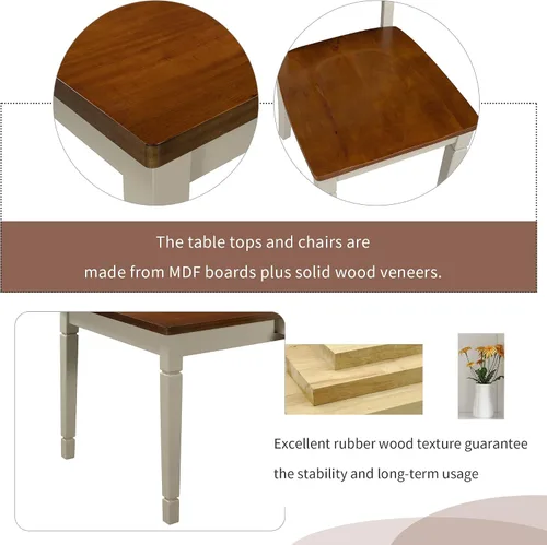 Vista 6 de Juego de mesa de comedor de madera de 60 pulgadas de largo con cajones pequeños, banco y 4 sillas de diseño ergonómico, juego de mesa de comedor