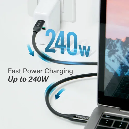 Vista 4 de Edimax Cable USB-C USB B4 Thunderbolt 3, 1.6 pies / 1.6 ft, hasta 40Gbps y 240W USB-PD, ultra duradero, unidades SSD, bases Thunderbolt, MacBook
