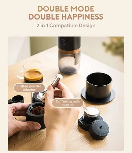 Vista 5 de Cafetera eléctrica portátil de café expreso, cafetera eléctrica compatible con cápsulas NS y posos de café para campamento, viajes, hogar. Versión