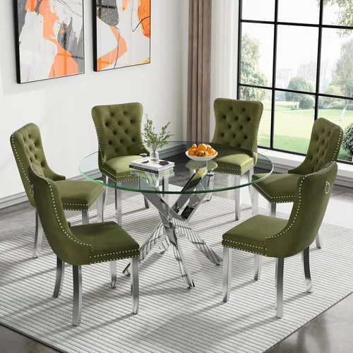 Vista 40 de Juego de mesa de comedor SSLine moderno de 3 piezas con mesa redonda de vidrio para 2, lujosa mesa de comedor circular de 36" con tapa de vidrio