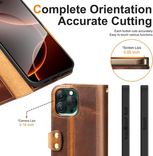 Vista 7 de Funda de cuero compatible con iPhone 16 Pro Wallet de 6.3 pulgadas, protección completa de piel auténtica a prueba de golpes, funda abatible