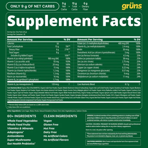 Vista 9 de Gruns - Gomitas multivitamínicas Super Greens para adultos, superalimento de vitaminas con espirulina, clorella, fibra prebiótica para la salud