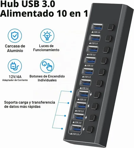 Vista 2 de Hub USB 3.0 alimentado de aluminio de 10 puertos USB 3.0 Hub de datos con adaptador de corriente de 12V/4A (48W) e interruptores individuales de Hub