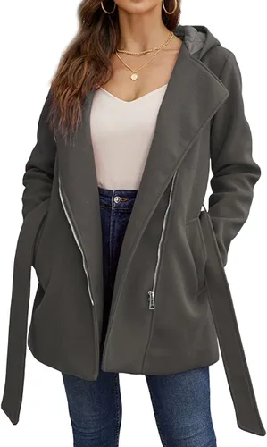 Vista 2 de Bellivera Chaqueta de mezcla de lana con capucha para mujer, abrigo casual con cinturón