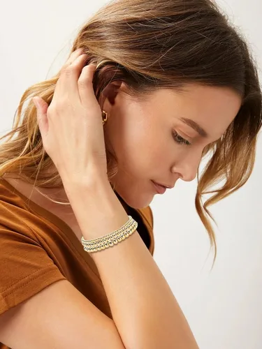 Vista 2 de Long tiantian Pulsera de cuentas de oro para mujer, pulseras apilables de cuentas doradas, pulsera elástica de 3 piezas, pulsera de cuentas