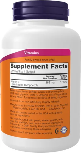 Vista 2 de NOW E-400 Vitamina E-400 UI MT Cápsulas Blandas con Tocoferoles Mixtos, 250 Cápsulas Blandas