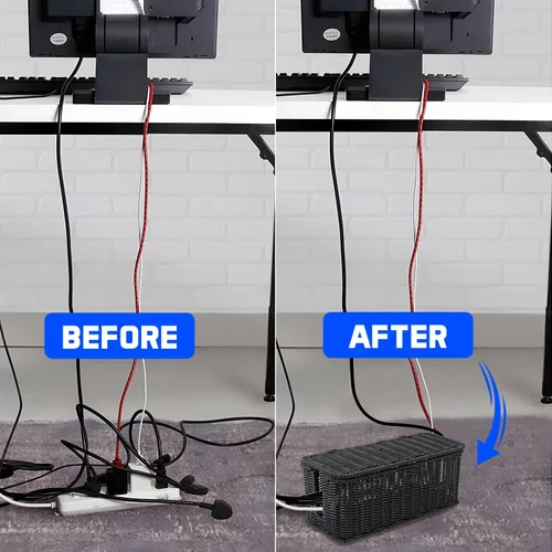 Vista 6 de Caja de organización de cables, organizador de cables de ratán hecho a mano con 2 ranuras abiertas, organizador de cables para regleta de Negro