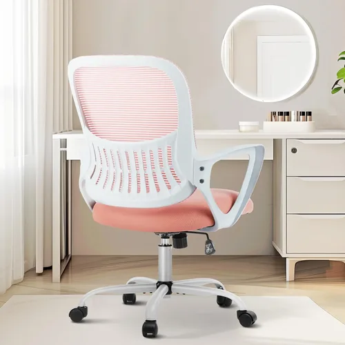 Vista 13 de Sweetcrispy Silla de escritorio para computadora de oficina, ergonómica, de malla con respaldo medio, giratoria, con ruedas, cómodo soporte lumbar