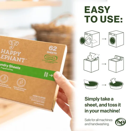 Vista 5 de Happy Elephant Hojas de detergente para ropa, sin fragancia, hojas de lavandería naturales biodegradables, a base de plantas, resistentes a