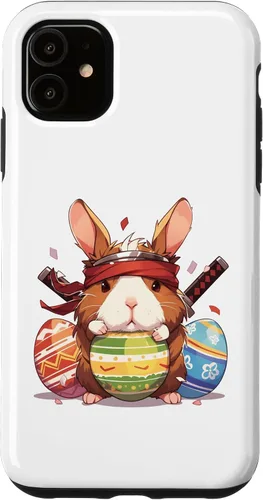 Vista 5 de iPhone 15 Colorful Easter Eggs Hunt Ninja Guinea Pig With Bunny Ears Case