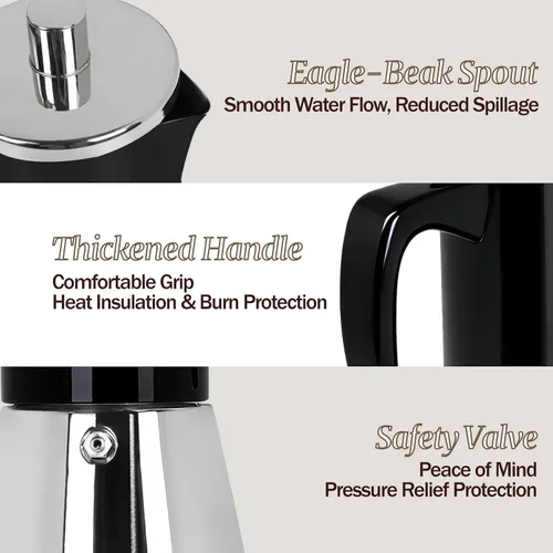 Vista 8 de 4 tazas espesado Moka Pot 304 Acero Inoxidable 6.8 fl oz Cafetera italiana de café expreso, cafetera, cafetera de moca para estufa de inducción
