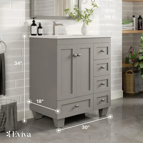 Vista 3 de Eviva Happy - Tocador de baño gris de 30 pulgadas con tapa de cuarzo Carrara y fregadero de porcelana
