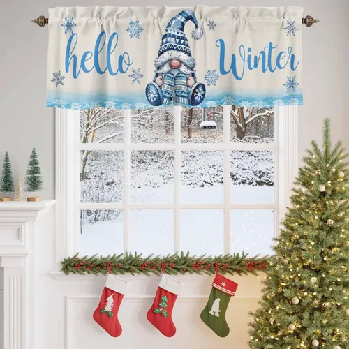 Vista 4 de Cenefa de Navidad para ventanas, cenefas de gnomo, cenefas de invierno con bolsillo para barra, tratamientos de ventana, diseño de copo de nieve