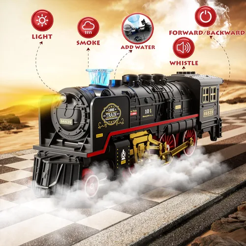 Vista 2 de Funwee Juego de tren con vagones de pasajeros brillantes para debajo del árbol de Navidad, juguete de tren eléctrico con humo, luz y sonido, idea