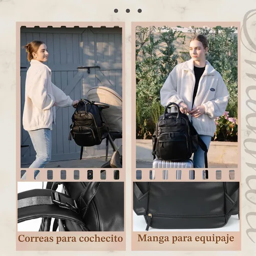 Vista 6 de Omanmoli Bolsa de pañales Mochila de cuero Bolsa de bebé Mochila de pañales Negro oscuro
