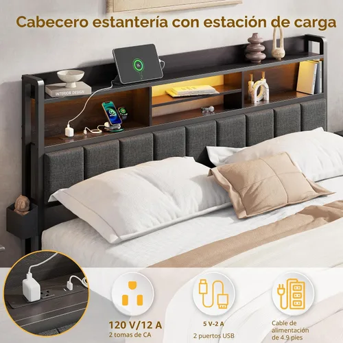 Vista 4 de Furnulem Marco de Cama Tamaño Full con Cabecera Tapizada, Marco de Cama Full con Cajones de Almacenamiento, Estación de Carga y Luces LED