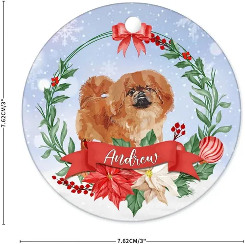 Vista 4 de Adorno personalizado con nombre de perro, adorno de Navidad de cerámica personalizado para perro, colgante redondo para árbol de bolas, recuerdo
