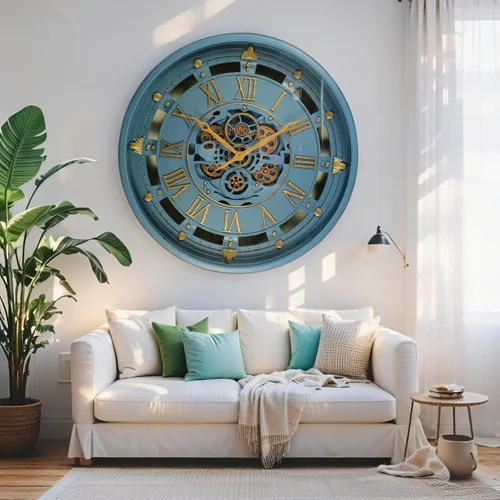 Vista 3 de ImprovingLife The Gears Clock - Reloj de pared de 26 pulgadas con engranajes móviles reales línea Bélgica con cubierta de cristal (azul, 26 pulgadas)