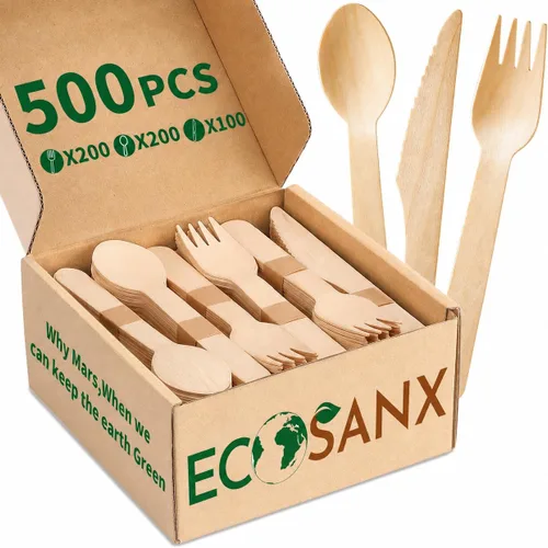 Vista 14 de ECOSANX® 120 piezas de tenedores de madera para comer de 16.5 cm libres de astillas, compostables, juego de cubiertos de madera ecológico