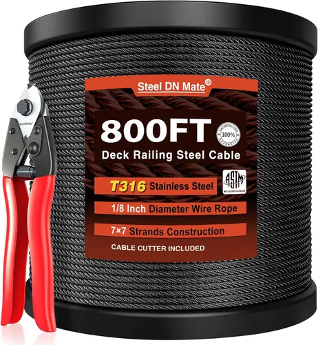 Vista 15 de Steel DN Mate Cuerda de alambre negro de 100 pies, cable de acero inoxidable de 1/8 pulgadas para sistema de barandilla de cable de cubierta